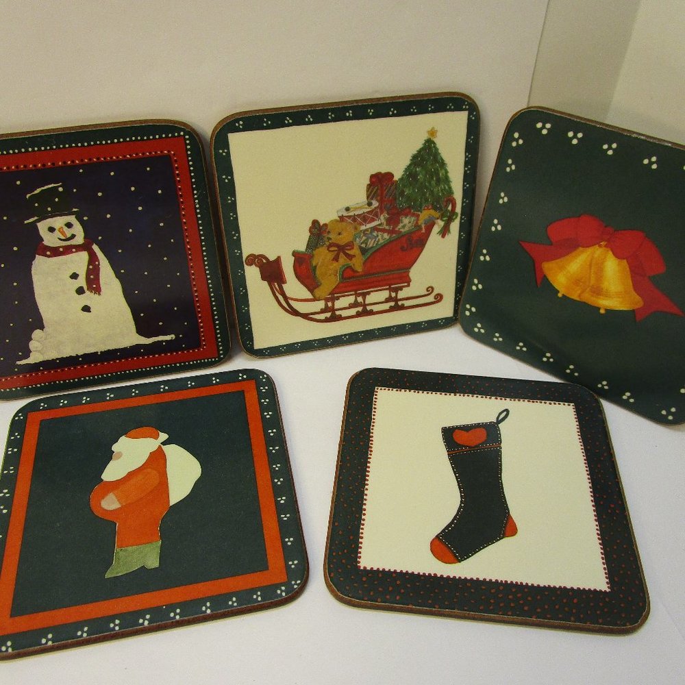 Vintage Pimpernel Christmas Coasters Cork Back Santa Bear Bells Snowman Stocking